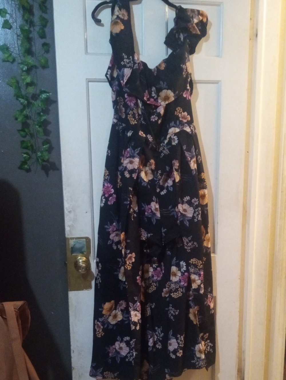 Floral Ruffle Maxi Dress - Black with Pink & Gold Flowers